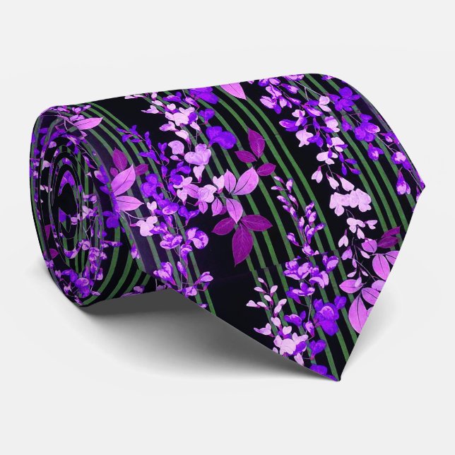 PINK PURPLE FLOWERS,GREEN BLACK STRIPES Floral  Neck Tie (Rolled)