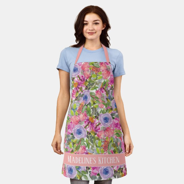 Pink Purple Flowers Green Leaves Boho Kitchen Apron (Worn)