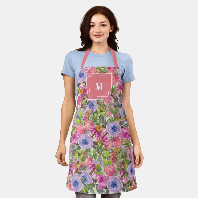 Pink Purple Flowers Green Leaves Boho Monogram Apron (Worn)