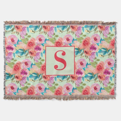 Pink Purple Flowers Mint Green Monogram Throw Blanket