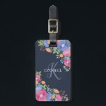 Pink & Purple Flowers Monogram Luggage Tag<br><div class="desc">Dark blue floral luggage tag with flower arrangements in orange,  pink,  purple,  and blue. Add your name and initial.</div>