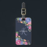 Pink & Purple Flowers Monogram Luggage Tag<br><div class="desc">Dark blue floral luggage tag with flower arrangements in orange,  pink,  purple,  and blue. Add your name and initial.</div>