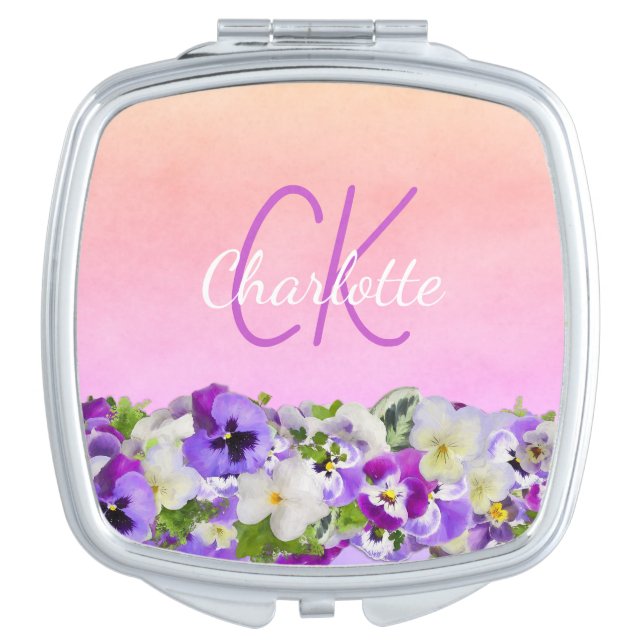Pink purple flowers monogram name script compact mirror (Front)