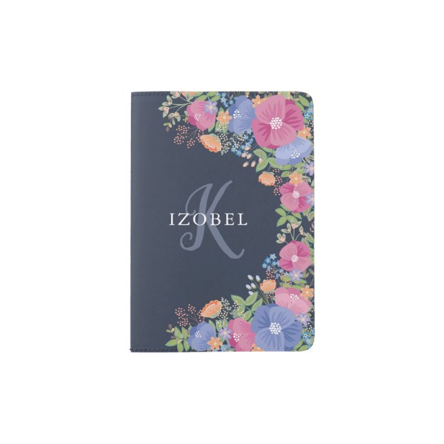 Pink & Purple Flowers Monogram Passport Holder (Front)