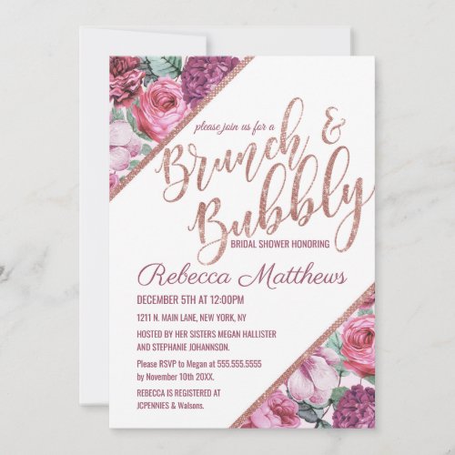 Pink Purple Flowers Rose Gold Brunch and Bubbly Invitation