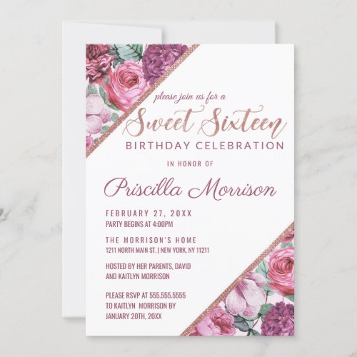Pink Purple Flowers Rose Gold Typography Sweet 16 Invitation
