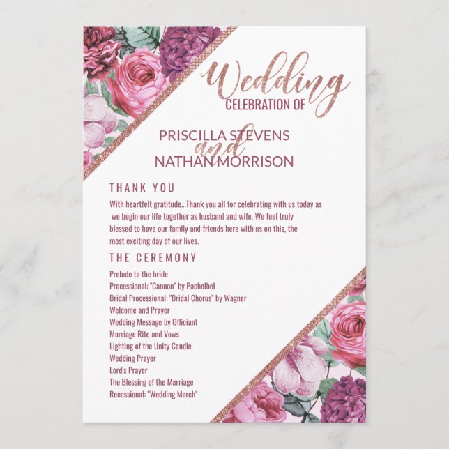 Pink Purple Flowers Rose Gold Wedding Program (Front)