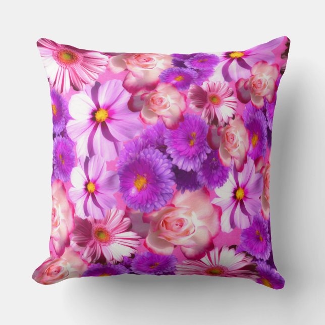 Pink Purple Flowers Throw Pillow (Front)
