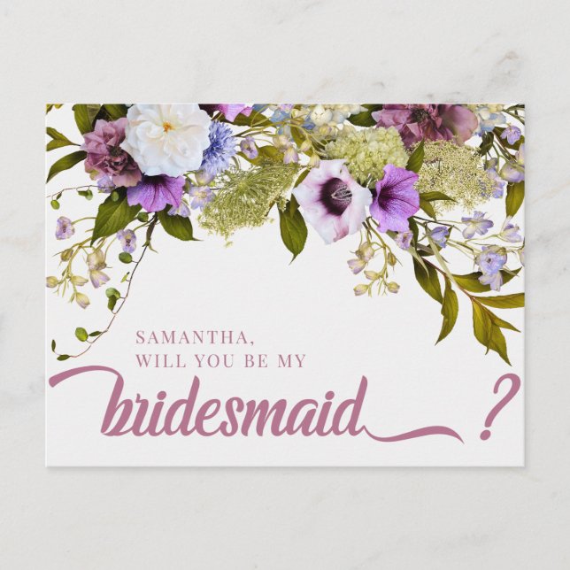 Pink Purple Flowers Will You Be My Bridesmaid Card (Front)