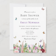 Pink Purple Flowers with Butterflies Baby Shower  Invitation