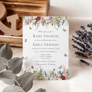 Pink Purple Flowers with Butterflies Baby Shower Invitation