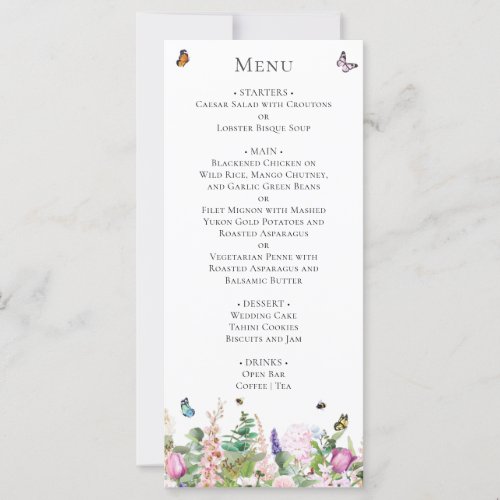 Pink Purple Flowers with Butterflies Menu Card