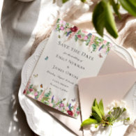 Pink Purple Flowers with Butterflies Save the Date