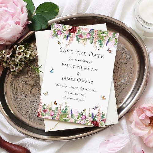 Pink Purple Flowers with Butterflies Save the Date