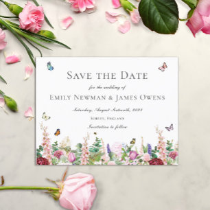 Pink Purple Flowers with Butterflies Save the Date Postcard