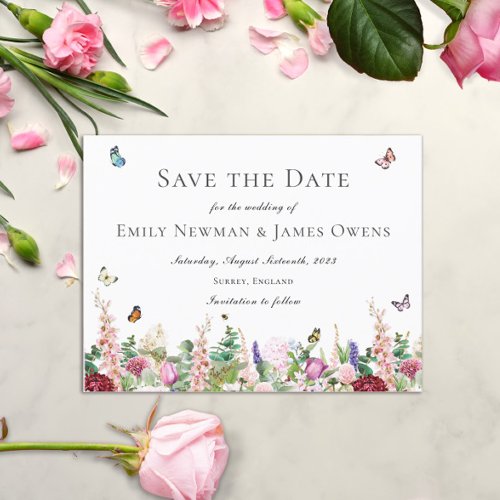 Pink Purple Flowers with Butterflies Save the Date Postcard