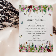 Pink Purple Flowers with Butterflies Wedding Invitation