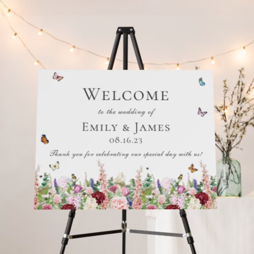 Pink Purple Flowers with Butterflies Welcome Sign