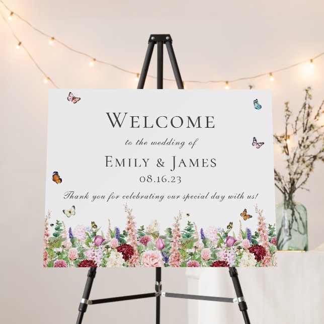Pink Purple Flowers with Butterflies Welcome Sign (In Situ (Stand))
