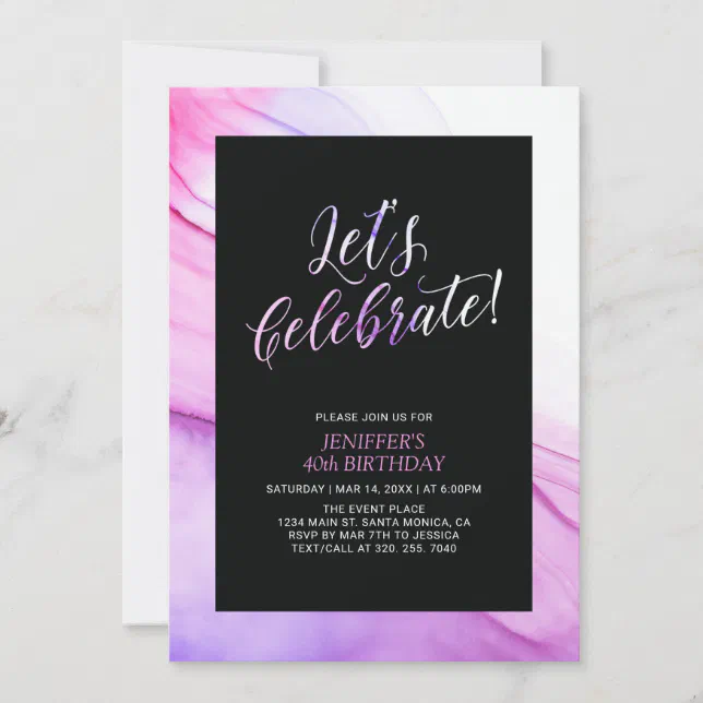 Pink & Purple Fluid Texture 40th Women Birthday Invitation | Zazzle