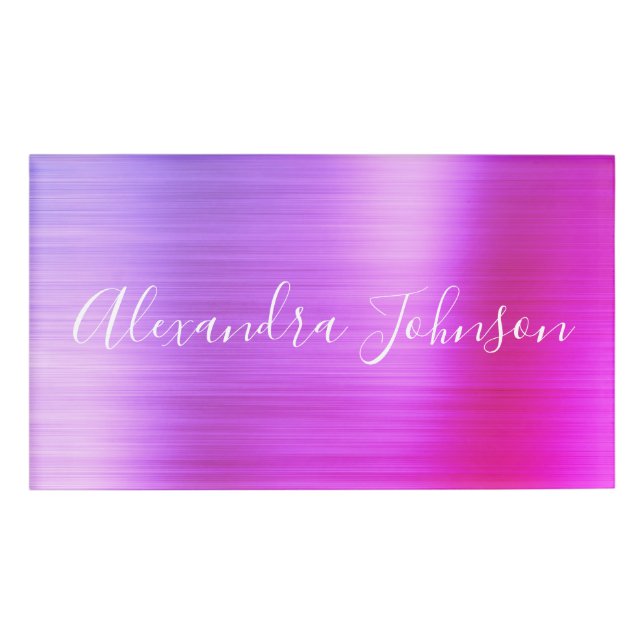 Pink Purple Foil Modern Business Name Tag (Front)