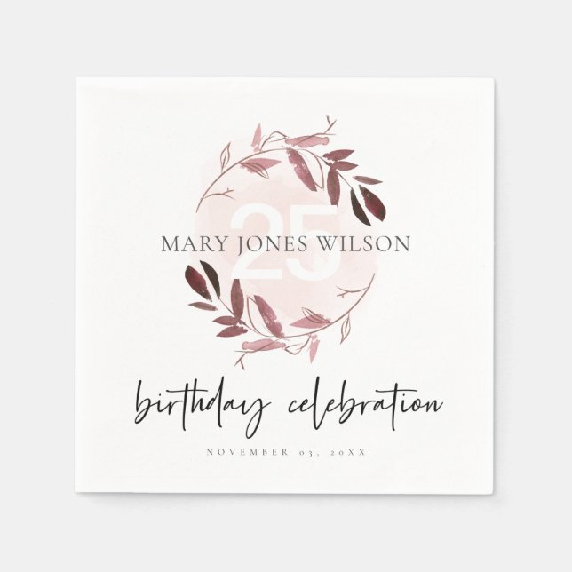 PINK PURPLE FOLIAGE WREATH ANY AGE 25TH  BIRTHDAY NAPKINS (Front)