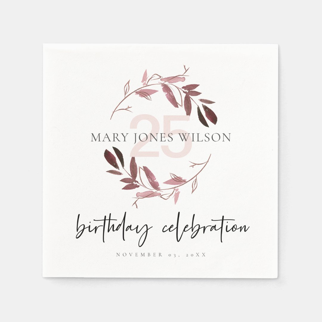 PINK PURPLE FOLIAGE WREATH ANY AGE 25TH BIRTHDAY NAPKINS Zazzle