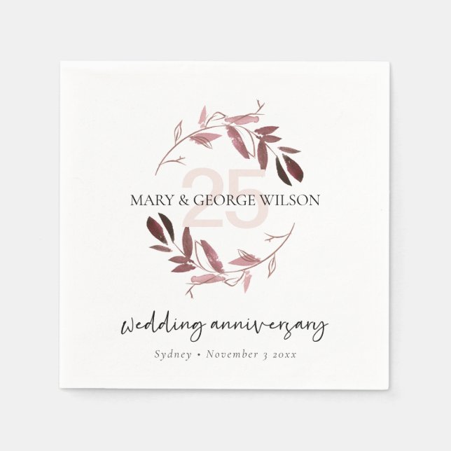 PINK PURPLE FOLIAGE WREATH ANY YEAR 25 ANNIVERSARY NAPKINS (Front)