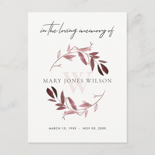 PINK PURPLE FOLIAGE WREATH MEMORIAL THANK YOU INVITATION POSTCARD (Front)