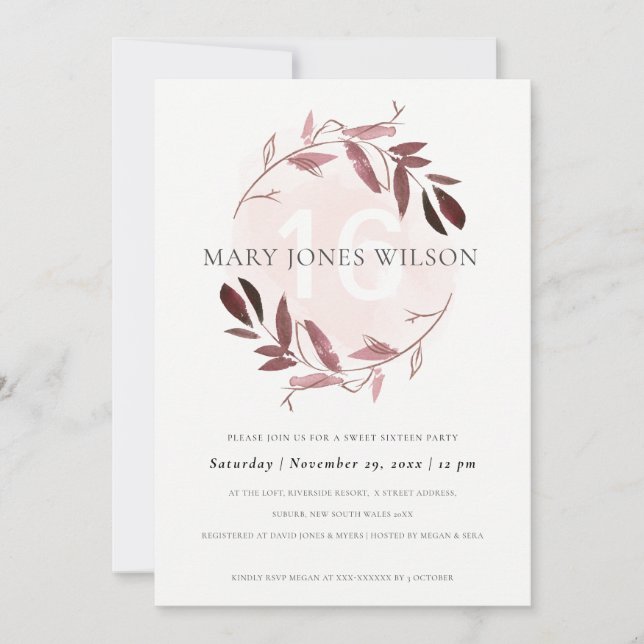 PINK PURPLE FOLIAGE WREATH SWEET 16 BIRTHDAY CARD (Front)