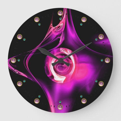 PINK PURPLE FRACTAL ROSE IN BLACK WITH GEMSTONES LARGE CLOCK