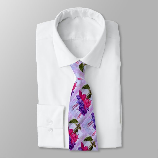 Pink Purple Fuchsia Flowers in Watercolor Neck Tie (Tied)