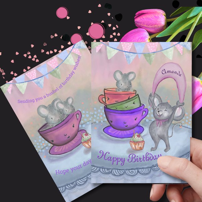 Pink & Purple Funny Cool Mice Custom Birthday Card (Pink & Purple Funny Cool Mice Custom Birthday Card)