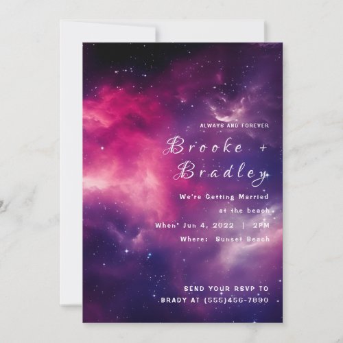 Pink Purple Galaxy Beach Wedding Invitation