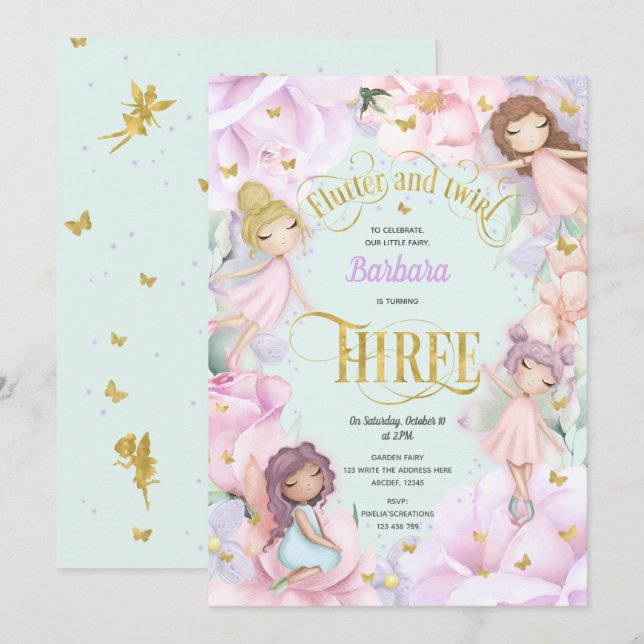 Pink purple garden enchanted fairy, 3rd birthday i invitation (Front/Back)
