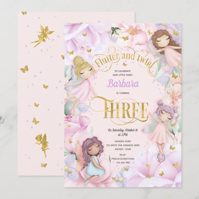 Pink purple garden enchanted fairy, 3rd birthday i invitation (Front/Back)