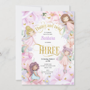 Pink purple garden enchanted fairy, 3rd birthday invitation