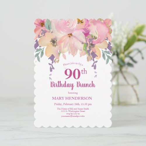 Pink Purple Garden Floral 90th Birthday Brunch Invitation
