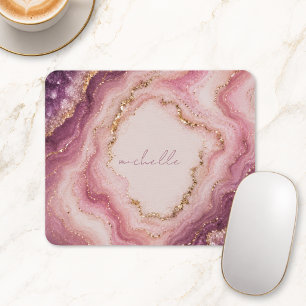 Pink Purple Geode Marble Gold Personalized Name Mouse Pad