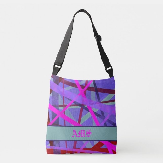 Pink & Purple Geometric Lines Pattern Monogram Crossbody Bag (Front)