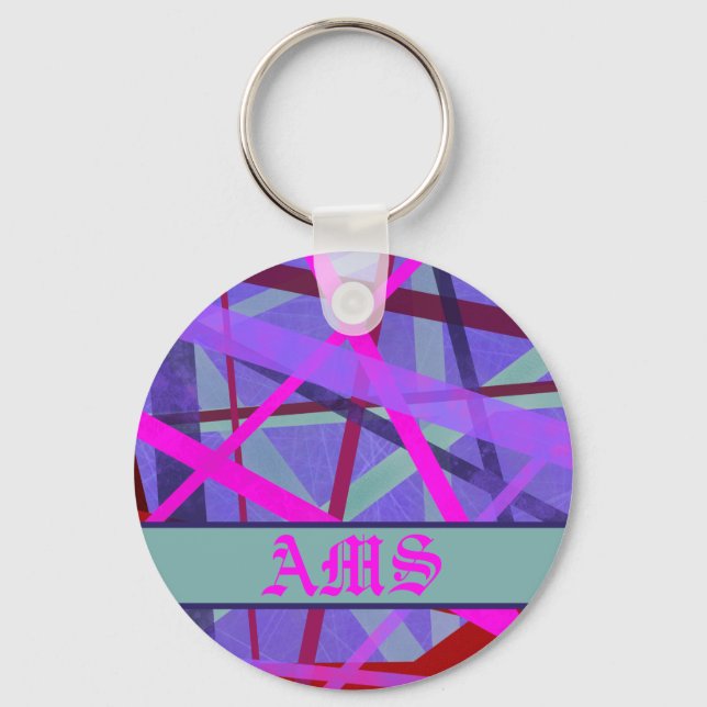 Pink & Purple Geometric Lines Pattern Monogram Keychain (Front)