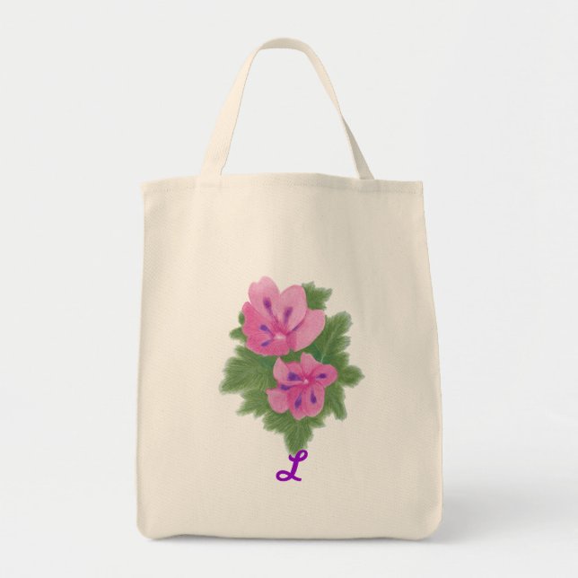 Pink Purple Geranium Monogram Wedding Tote Bags (Front)