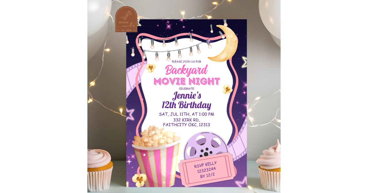 Pink Purple Girl Backyard Movie Night Birthday Invitation | Zazzle