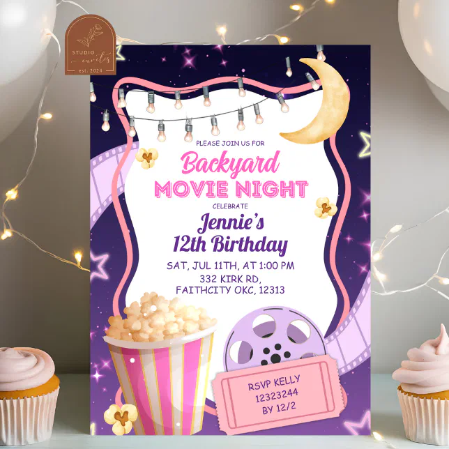 Pink Purple Girl Backyard Movie Night Birthday Invitation | Zazzle