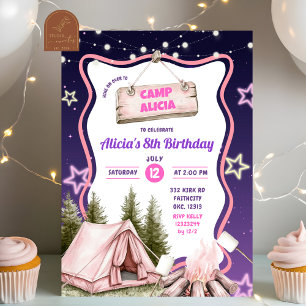 Pink Purple Girl Camping Birthday Invitation