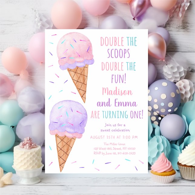 Pink Purple Girl Ice Cream Joint First Birthday Invitation (Creator Uploaded)