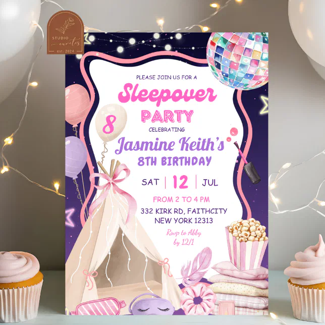 Pink Purple Girl Sleepover Birthday Invitation | Zazzle