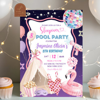 Pink Purple Girl Sleepover Pool Party Birthday Invitation