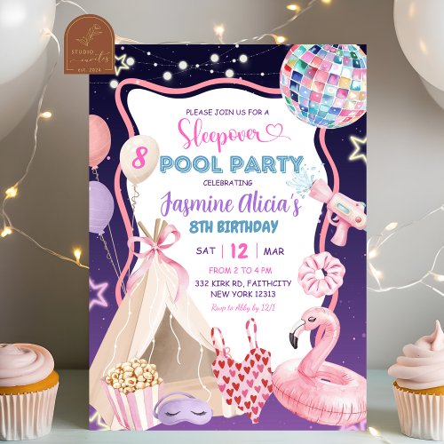 Pink Purple Girl Sleepover Pool Party Birthday
