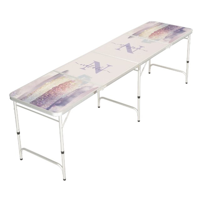 Pink purple girls glitter watercolor beer pong table (Angled)